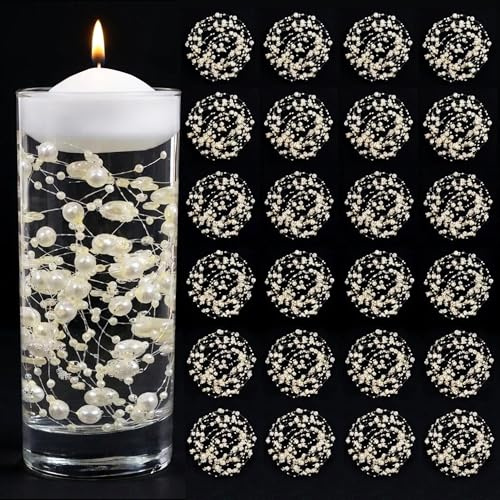 MAIBAOTA 30 Pcs Beige Artificial Pearl String for Floating Candle Faux Pearls Beads String for Vases Filler Wedding Centerpiece Decoration Holiday Party Decor (80cm/31inch per String)