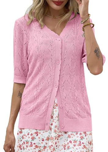 Lovasy Cárdigan de Verano para Mujer Punto Calado con Cuello en V y Manga Corta Cárdigans Ligero con Abertura de Botones para Uso Diario