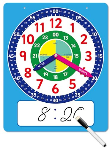 Tapallmy Learning Clock Teaching Clocks For Kids With Movable Hands Write & Wipe Practice Clock To Learn Time For Kids With Writing Pen Blue