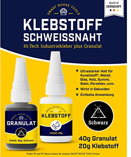Klebstoff Schweißnaht schwarz - 2K Reparatur Set (20g Sekundenkleber + 40g Granulat) Power Kleber für Kunststoff Plastik ABS Metall Holz Keramik - extra stark durch 2 Komponenten