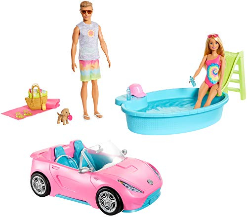 Barbie GJB71 - Geschenkset mit Cabrio, Pool mit Rutsche, Puppe und Ken-Puppe in Badebekleidung, mit Moden und Zubehör, Geschenk für Kinder von 3 bis 7 Jahren