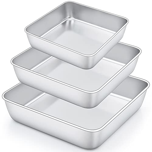 Quadratische Kuchenform, Joyfair 100% Edelstahl Brownie Eckige Backform Auflaufform 3er-Set, Ideal für Kuchen/Brownie/Lasagne, Gesund & Ungiftig, Spülmaschinenfest