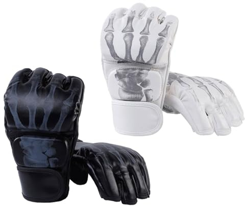 2 Pairs MMA Gloves, Grappling & Sparring Gloves for Men and Women, PU Leather Fighting Glove, Heavy Bag Gloves, Black and White