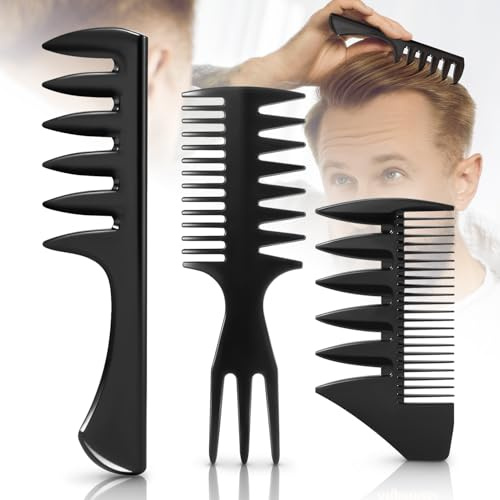 3Pcs Hair Styling Combs Set For Men - Black Barber Wide Tooth Texture Comb For Quiff, Pompadour, Slicked-back, Fauxhawk, Undercut
