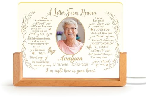 Personalized Memorial Picture Frame Night Light Lamp, Custom In Loving Memory Sign, Loss of a Loved One Sympathy Gifts Bereavement Present for Loss of Mom (A Letter from Heaven)