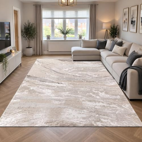 renoazul® Jute Back Large Rugs For Living Room - Jeze Abstract Beige Rug - 240 x 320 cm - Washable Large Carpet For Living Room and Lounge Rug