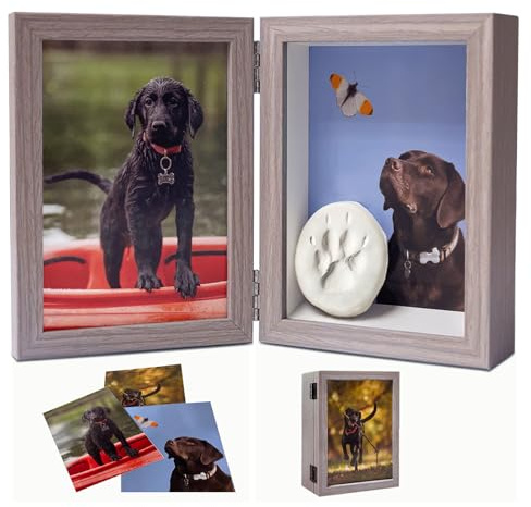 Favonuovy 5x7 Pet Memorial Picture Frame Shadow Box for Dogs and Cats Frame Keepsake for 3 Photos Pet Paw Print Display Shadow Box with Double Hinges and Glass Front Memorial Gifts for Dog Lovers