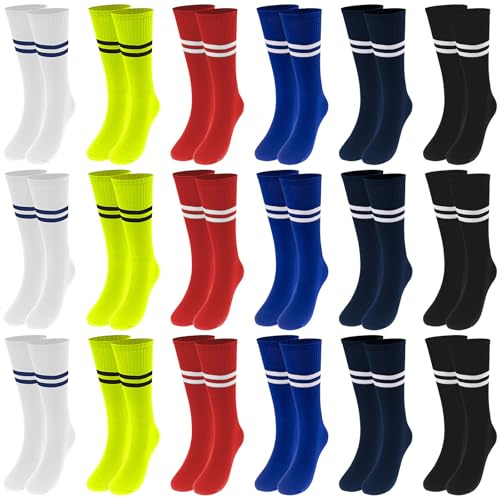 YFNVH Lot de 18 Paires Chaussettes Foot Enfant, Chaussettes Hautes de Football à Rayures pour Garçon et Fille, Taille Unique 28-35, 6 Couleurs, Idéal Rugby, Hockey, EPS