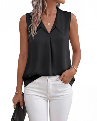 Youtalia Summer Sleeveless Tops for Women Dressy Casual,Women's Spring Classy Loose Fit Chiffon V Neck Tank Blouses,Ladies Professional Flowy Lapel Pleated Tank Shirts Black M