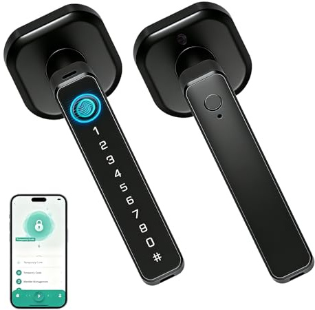 Cerradura de Puerta Inteligente, 5 en 1 Cerradura Electronica Manija de Puerta con Huella Digital, Control Remoto de Aplicación, Tarjeta IC, Código, Llave para Casa, Oficina, Hotel