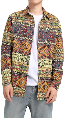 Camisa de Vestir para Hombre Camisa de Lino Estampada Funky de Manga Larga Camisa Casual Elegante Floral Tops Patrón único Geometría