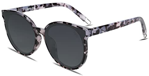 SOJOS Polarisierte Sonnenbrillen Damen Groß, Rund Herren Retro Vintage UV400 Schutz Brille SJ2057 Schwarz Marmor Rahmen/Graue Linse
