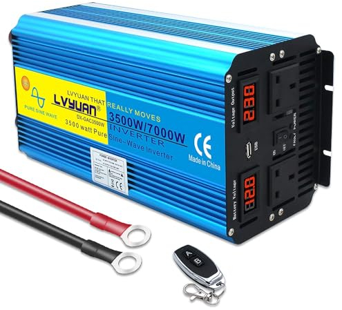LVYUAN Inverter Pure Sine Wave Power Inverter 3500W /7000W DC 12V to AC 230V/240V converter with wireless remote controller & dual AC outlets & USB for RV Truck Car