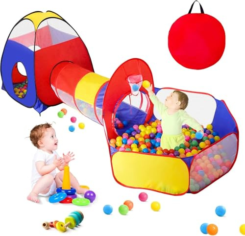 GeerWest 3 in 1 Kids Play Tent for Toddler with Baby Ball Pit and Play Tunnel, Children Indoor Outdoor Playhouse with Climbing Tunnel Toy for Toddlers, Boys and Girls Best Birthday Gifts（No Balls）