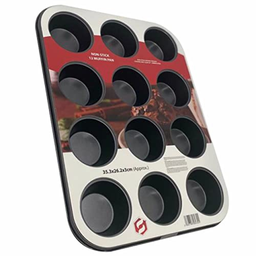 SUL 12CUP Non Stick Muffin Tray Baking Moulds, Cupcake Trays for Baking Yorkshire Pudding, Mince Pie Baking Sweet Treats - Black