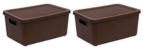 M1SS Pack of 2- Brown 14L Litre Storage Box with Lid Utility Boxes Lidded Bin Decorative Item Storage Rib Design with Handle Solid Colour Plastic Containers Cosmetics Holder Box