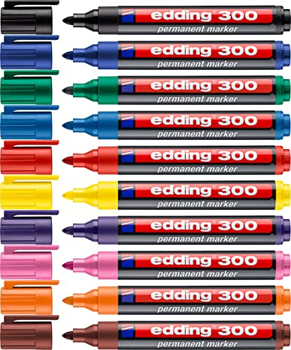 edding 300 marqueurs permanents - 10 couleurs - 10 stylos - Pointe ronde 1,5-3 mm - résistant à l'eau, séchage rapide - résistant à l'effacement - pour carton, plastique, verre, bois, métal