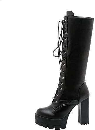 OTMYIGO Stivali con Tacco Alto Donna, Stivali da Motociclista Militari Alti al Ginocchio Lacci Stivali da Motociclista Tacco Spesso Stivali con Lacci Stivali Vintage Steampunk Gothic,Nero,35