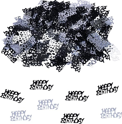 VIKY Konfetti Happy Birthday Tischdeko, Silber Schwarz Geburtstagsdeko, Streudeko für Frau Mann, Glitzer Confetti Deko, Luftschlangen