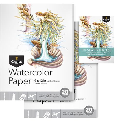 Castle Art Supplies Aquarell-Skizzenblock 9 x 12 Zoll | 2er-Pack | 20 Blatt pro Block | Robust und dauerhaft (300 g/m2) für alle Techniken (9x12, 2er-Pack)