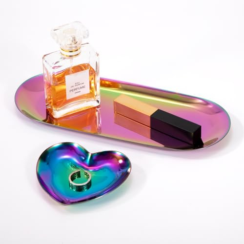 Ovales Tablett Edelstahl Ovales Kosmetiktablett Serviertablett Deko Tablett Schmucktablett für Schmuckaufbewahrung Dessert Kosmetik 2 Stück Regenbogenfarben