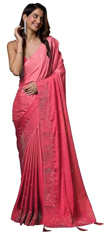 TRENDMALLS Rangoli Sari en soie épaisse Siroski double teinte avec chemisier non cousu pour femme, Rouge, taille unique