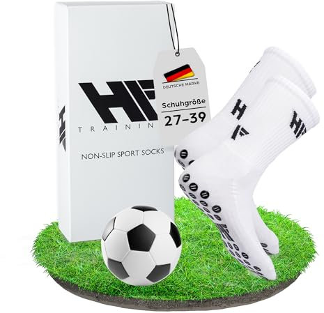 HF Training - 1 Paar Rutschfeste Kindersocken Fußball Socken (Gr. 27-30) Weiß für Kinder, Jungen & Mädchen - Fussball-Socken mit Grip für Jugend mit Noppen - Anti-Rutsch Fußballsocken & Sportsocken