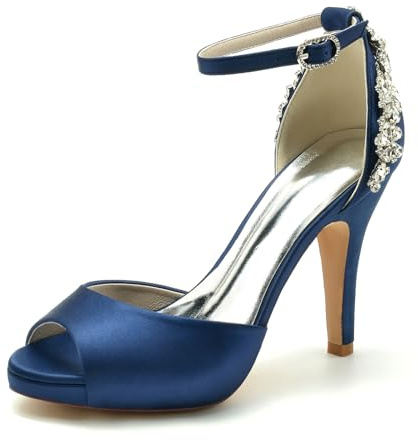 Speesy Zapatos Novia con Punta Abierta de Satén Zapatos Mujer Tacon Correa de Tobillo Zapatos de Boda Zapatos Boda,Dark Blue,38 EU