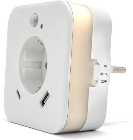 smrter LED-Nachtlicht mit Bewegungsmelder und Steckdose, 2x USB (1x USB C + 1x USB A) 2.4A, weiß, Ein/Aus/Auto Modus-Schalter, automatischer Lichtsensor, GS (geprüfte Sicherheit) (1 Stück [mit USB-C])