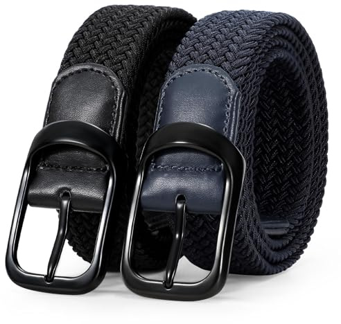 WERFORU 2 Pack Stretch Woven Belts Men's Elastic Braided Belt 1 3/8 Casual Golf Belt for Jeans Pants Black+Navy Blue