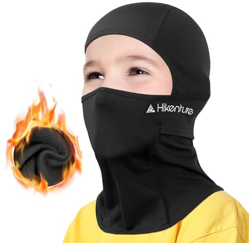 HIKENTURE Kinder Sturmhaube Winter, Balaclava Warm, Sturmmaske Winddicht, Skimaske unter Helm, Ski Mask für Jungen Mädchen, Sturmhauben, Gesichtshaube für Radfahren, Skifahren Einheitsgröße Schwarz A2