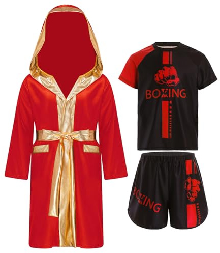 ranrann Barn pojke thai boxning set boxning badrock satin boxningsshorts och T-shirt set sport strid MMA sparkar boxning, Färg: röd, 9-10 ans