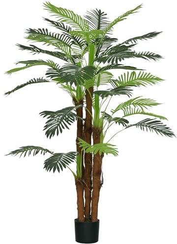 HOMCOM Konstgjord palm 160 cm konstgjord palm med 36 palmvippa stor konstgjord växt i kruka, konstgjorda växter som äkta inomhusväxt för vardagsrum kontor balkong dekoration sovrum