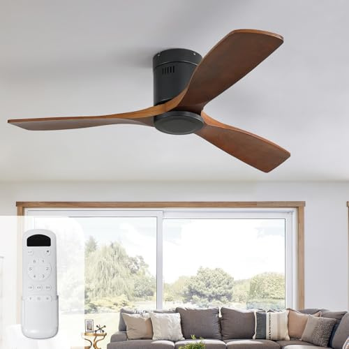 Sofucor Deckenventilator mit Fernbedienung, Deckenventilator aus Massivholz mit 3 Holzlüfterblätter, 132cm, Leise, 6 Geschwindigkeiten, Timer, DC Motor, Sommer-Winterbetrieb für Schlafzimmer