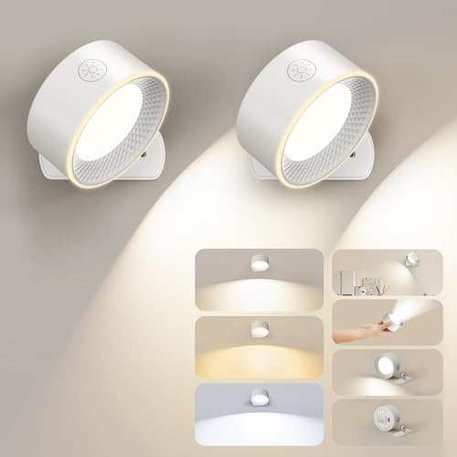Giliwosy 2 Stück LED Wandleuchte Innen, 3 Farbmodi, 360° Magnetisch Drehbar, USB-C Aufladbar, Wandlampe Akku Dimmbar für Schlafzimmer, Wohnzimmer, Kinderzimmer Treppenhaus Flur-Weiß