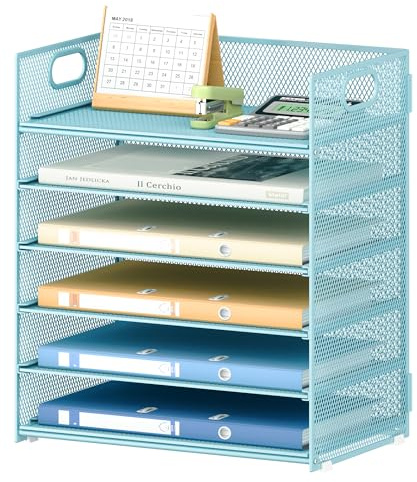 VITVITI Desk Organizer and Office Accessories, 6 Tier Paper Letter Tray Organizer with Handle, Mesh Desktop Organiser for Office Supplies, Desk Tidy Organiser - Blue