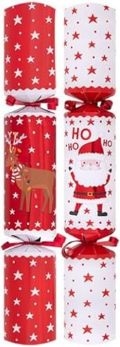 RSW Christmas 10 x 12 Inch Santa & Yelpers Crackers – Family Christmas Crackers with Hat, Motto & Gift – Red & White Festive Table Decorations