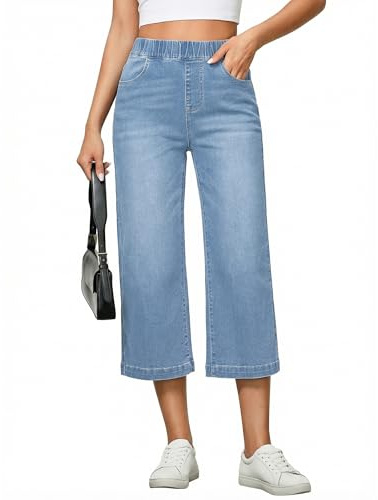 Vetinee Women's Wide Leg Elasticated Waist Jeans Baggy Stretch Cropped Jeans