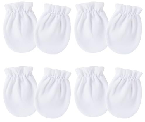 TIHNY 4 Pares de Manoplas para Recién Nacidos, Guantes Antiaruñazos de Algodón Suave con Puño Elástico, Bebés 0-3 Meses