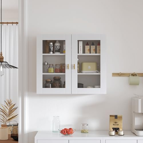 KEEPREAPER Hängeschrank 70cm Küchenhängeschränke mit 2 Glastüren, Wandschrank für Gewürze, Medizinschrank & Apothekerschrank Wandmontage, Geeignet für Küchen, Wohnzimmer, Flur (Weiß)