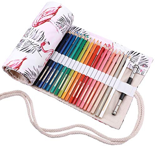 Amoyie Colouring Pencil Case 72 Slots, Roll Up Pen Holder, Pencil Wrap | Canvas Organiser Bag for Coloured Pen, Foldable Carrier for School, Outdoor, Artist Storage Bags, Large Capacity, Flamingo