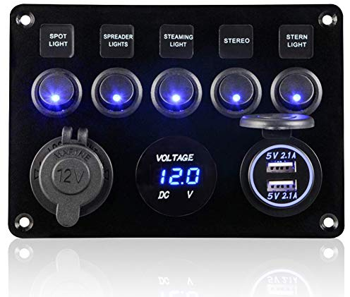 Geloo 5 Gang Panneau de Interrupteur à Bascule 12V/24V Étanche IP65 Panneau de Commutateur avec Chargeur Double USB Voltmètre Numérique pour Voiture Bateau Camion RV Marine Camping-car
