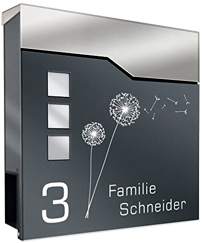 Zalafino Briefkasten mit Name und Hausnummer in anthrazit – personalisierbarer Design-Briefkasten aus pulverbeschichtetem Stahl mit Zeitungsrolle, Briefschlitz und Sichtfenstern – Model Vertigo