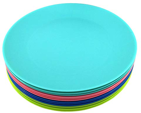 YUYUHUA Plastic Plates Reusable 10 inch - Kitchen Flat Dinner Plate - Dishwasher Safe & Microwavable Plates set of 12 - Kids Stacking Colorful for Indoor Outdoor (BPA Free)