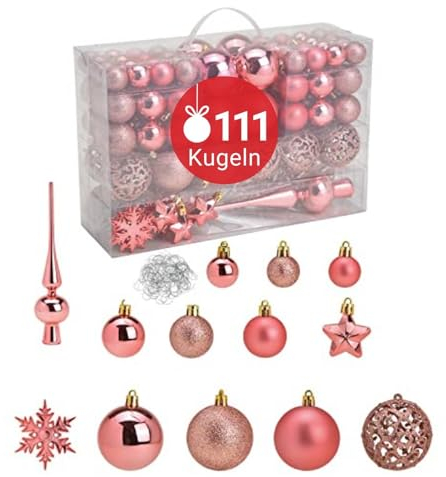 WOMA Christbaumkugeln Set Pink-Rosa & 19 weiteren Farben - 111er Weihnachtskugeln Set inkl. Metallhaken - Weihnachtskugeln Kunststoff - Weihnachtsbaum Deko & Christbaumschmuck