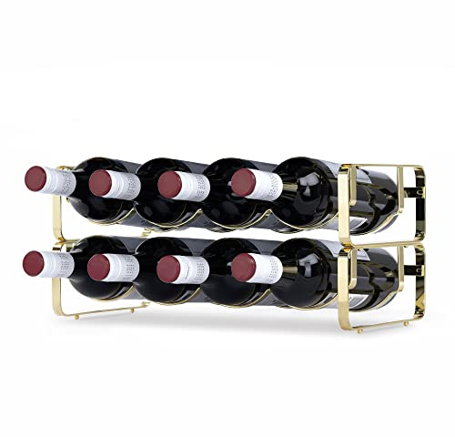 LIVIVO Elegant Stackable Wine Shelf Rack Metal Countertop Storage Organiser Holder Display Stand Up to 4 8 12 Bottles Ideal For Wine Bottles Water Drinks Beverages Whiskey Juice Liquor (2, Gold)