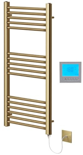 Greened House Brushed Brass Electric Towel Rail 500mm W x 1000mm H + Timer