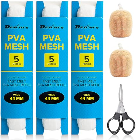Realure 3 Stück 5M PVA Netz Angeln Nachfüllung 25mm/37mm/44mm Breit PVA Mesh Karpfen Zubehör mit Schere, Schnell Schmelzend PVA Beutel Angeln PVA Bags für Boilie Köder Futter