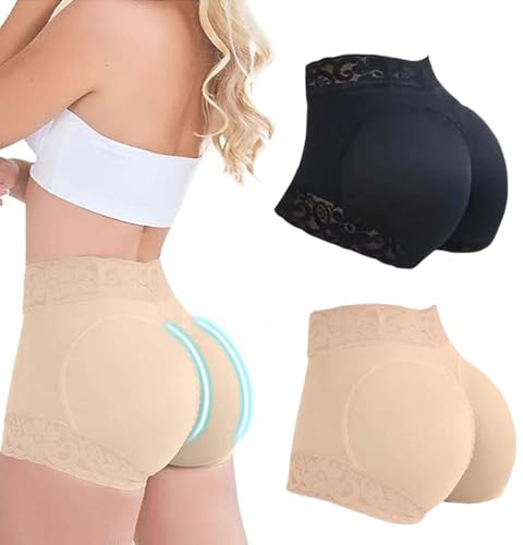GuYaNa 2 uds. De Encaje clásico para Uso Diario, Moldeador de Cuerpo, Bragas levantadoras de glúteos, Bragas suavizantes, Bragas de Levantamiento de glúteos para Mujer (L,Black+Beige)