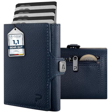 PURISTO KLIK Classic Slim Wallet mit Münzfach - Mini-Geldbörse für Herren aus Echtleder - Kleines Kartenetui mit RFID-Schutz für 10-14 Karten - Dunkelblau